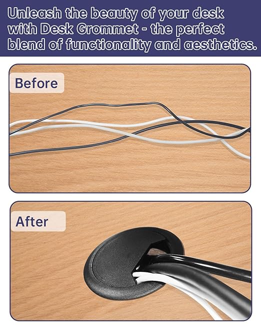 Desk Grommet & Cable Grommet 2 Inch (10 Pack) - Black Desk Hole Cover with Hole Saw - Cable Management Kit for Office, TV Stand, Workstation - Hide Wires Behind Wall, Cable Pass Through (50mm)