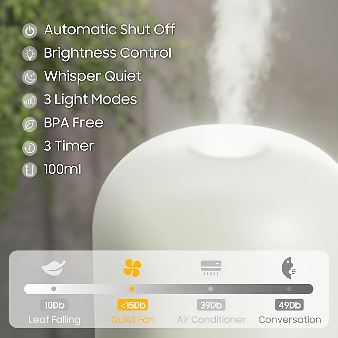 Essential Oil Diffuser Hand Blown Glass, 100ml Small Aromatherapy Diffuser, Auto Shut-Off Function, Ultrasonic Diffusers for Essential Oils, Cool Mist Humidifier with Warm White Lights（White）