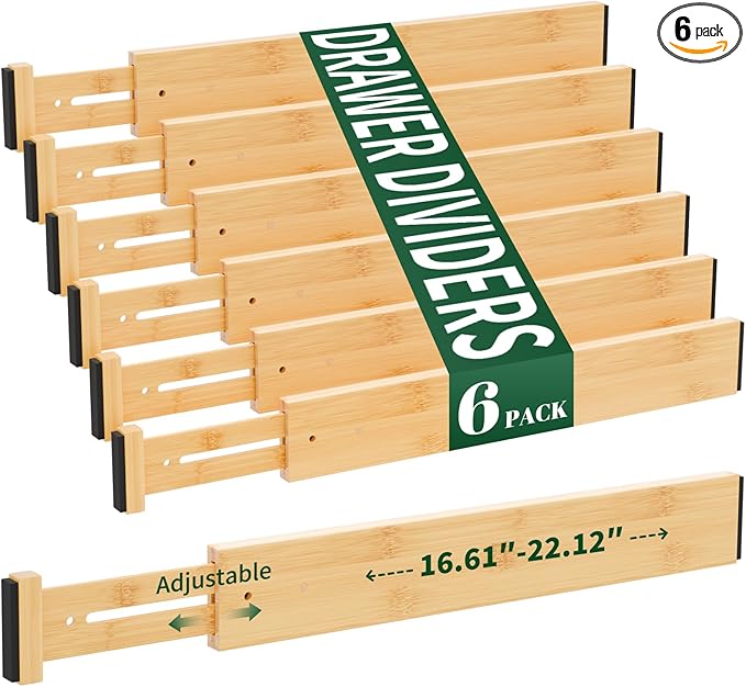 Dunruz 6 Pack Bamboo Drawer Dividers 2.6" High,17-22" Adjustable Spring Loaded Clothes Drawer Organizers for Kitchen, Dresser, Bathroom, Bedroom and Office