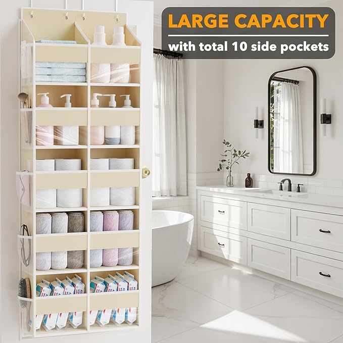SpaceAid Extra Large Over The Door Organizer with 10 Large Pockets and 10 Mesh Side Pockets, 5 Layers Door Organizer Hanging with Clear Window for Bedroom, Bathroom, Pantry and Nursery, Beige