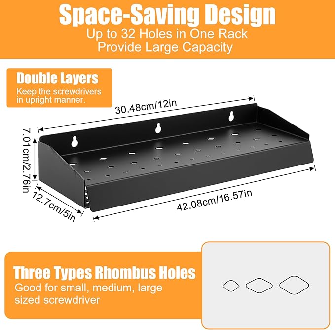 kenaeooe 30 Pcs Screwdriver Organizer, Heavy Duty Black Metal Wall Mount Storage Rack with 32 Holes for Tools, Hand Tool Holder for Garage, Workshop, Home and Shed, 16.57 Inch