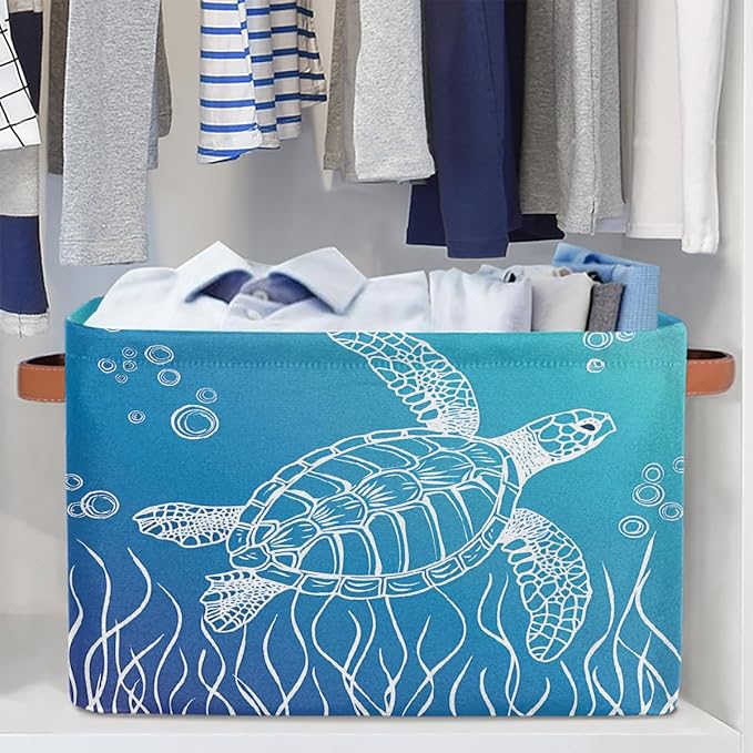 Ocean Turtle Storage Basket for Shelves, Storage Bins with Handles, Collapsible Basket for Organizing, Closet Toy Baskets for Nursery Room, 15x11x9.5 in, Canvas, Sea Tortoise