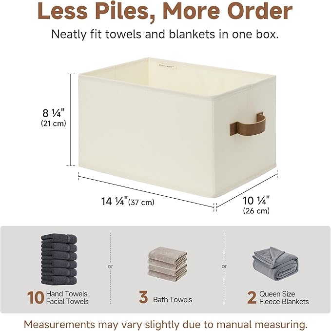 StorageWorks Storage Baskets for Shelves, Foldable Fabric Closet Storage Bins with PU Handles, Fabric Storage Bins Clothes Organizer, Ivory White, 3-Pack, Large