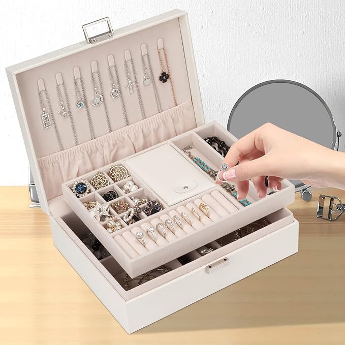 Jewelry Organizer Box for Girls Women - Double Layer Large Travel Jewelry Case with Gift Box/White