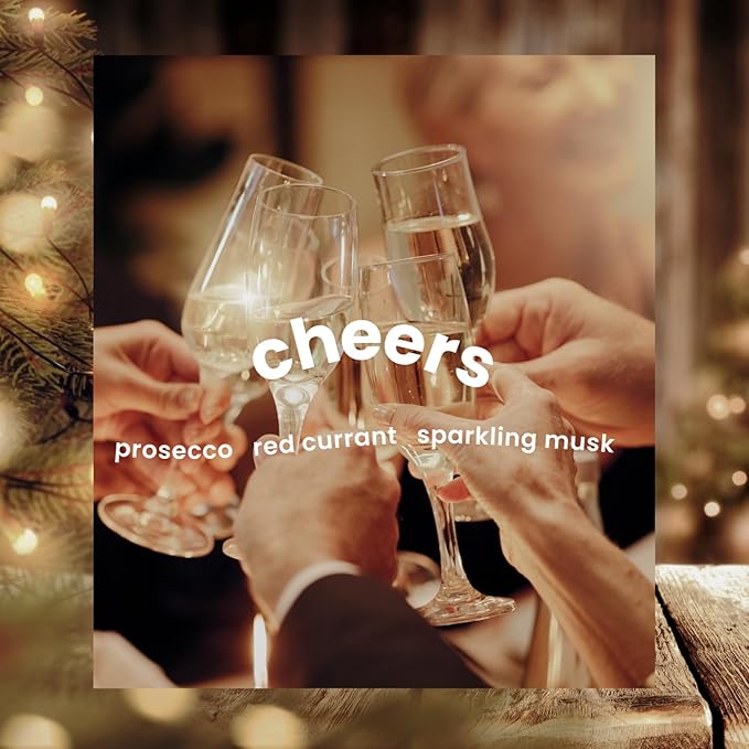 Moodcast Cheers Scented Holiday Candle - Aesthetic Winter Candle for Home, Prosecco, Red Currant & Sparkling Musk, Clean Coco Wax Blend, Vegan, Paraben Free, 50-Hour Burn, Christmas Decor - 8oz