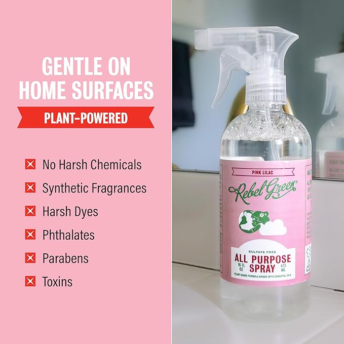 Rebel Green Natural All-Purpose Cleaning Spray - Plant-Based Multi-Surface Cleaner with Essential Oils for Kitchen, Bath, Countertops and More - Pink Lilac Scent - 16 oz - 2 Pack