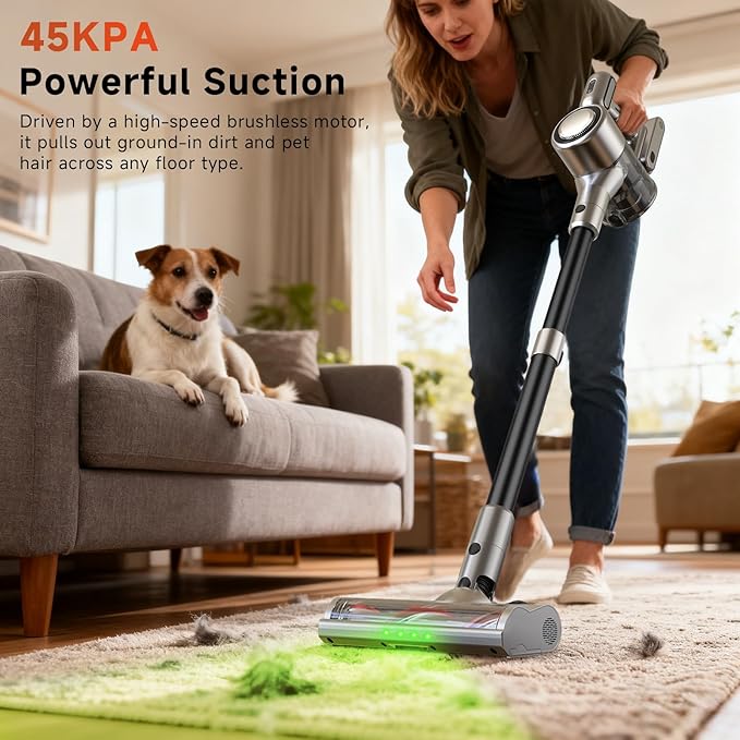 Shieal Cordless Stick Vacuum Cleaner - Rechargeable,45Kpa Powerful Suction Vacuum for Home,45Mins Runtime,Detachable Battery,Anti-Tangle, 8 in 1 Lightweight Vacuum for Pet Hair Carpet Hardwood,Silver