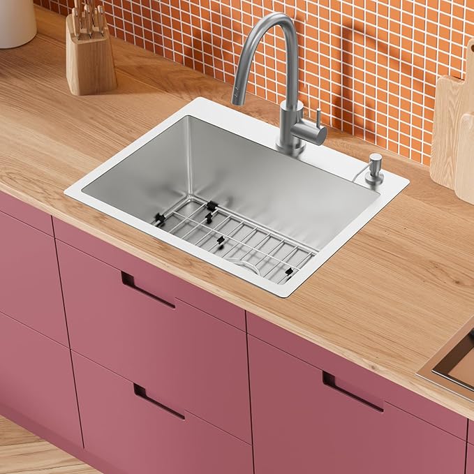 22x18 Inch Kitchen And Bar Sink - Stainless Steel Drop In Small Single Bowl Kitchen Sink With Bottom Grid,Soap Mat And Drain Assembly Set
