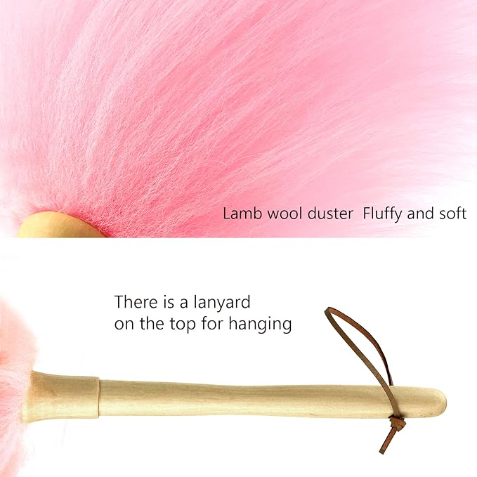 iHUFeather Lambswool Duster 16'' Length Solid Wooden Handle Leather Hang Strap for Cleaning Ceiling Fans Window Blinds Computer Furniture Figurines TV Natural Feather Duster,Pink
