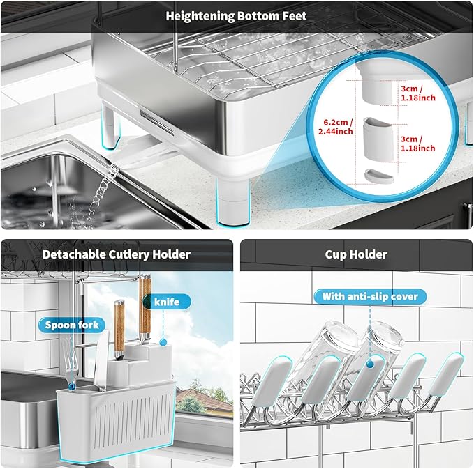 Ewaiira Large Dish Drying Rack, 304 Stainless Steel Dish Racks for Kitchen Counter, Automatic Drainage Spout, Rustproof Kitchen Dish Drainers with Drainboard, Utensil Holder & Glass Holder, White