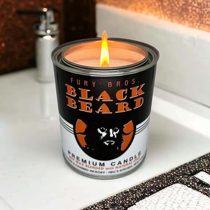Fury Bros. Scented Candles for Men | Black Beard | Gunpowder & Charred Hickory | Natural Soy Wax | Hand-Poured in the USA | Long 70-80 Hour Burn (12.5 oz) | Vintage-inspired Tin Design | Dad Home Gift