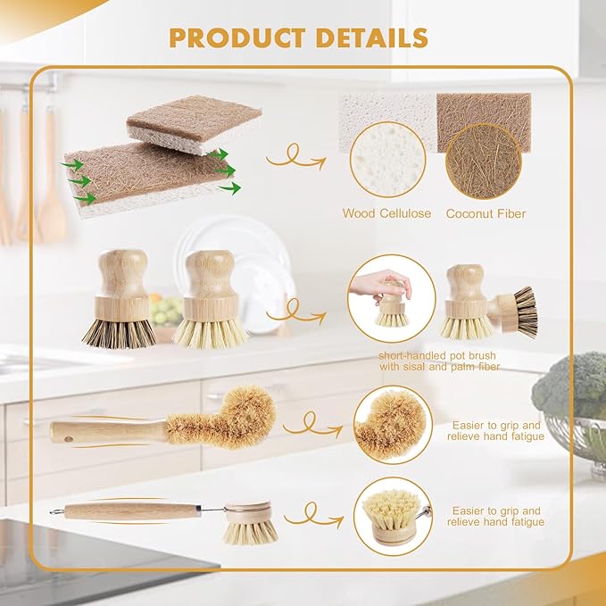 DEBETOOL 6 Piece Bamboo Dish Brush Set with Coconut Sponge - Wooden Dish Brush with Sisal and Palm Fiber, Natural Bamboo Dish Scrub Brush for Kitchen Cleaning Dishes, Pots, Pans, Bottles, Vegetables