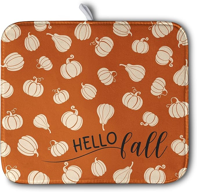 Kwlegh Hello Fall Drying Mat for Kitchen Counter Autumn Orange Pumpkin Dry Dish Mat Thanksgiving Absorbent Microfiber Dish Draining Washable Dish Drainer Rack Mat 16x18 Inch