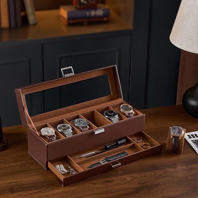 ProCase Watch Case, 6 Slot Mens Watch Box Holder Organizer with Glass Lid, 2-Layer Watches Display Case, Mens Jewelry Box with Drawer, Birthday Valentine Gifts for Men Women -6 Slot, Espresso