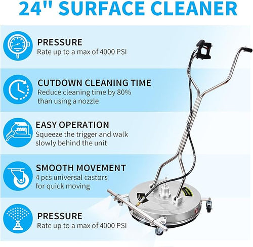 24" Pressure Washer Surface Cleaner Mate with 5 Nozzles Water Broom, Stainless Steel Dual Handle Power Washer Surface Cleaner Hot Water Supported for Patio Decker Concrete Driveway, 4200 PSI
