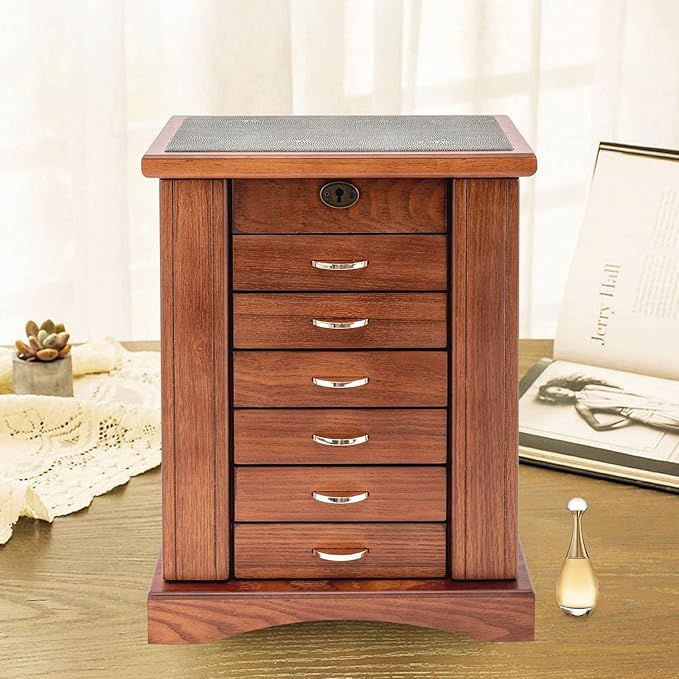 7 Layer Large Wooden Jewelry Box for Women Girls, Wood Organizer with Lock Catch for Jewelries, Necklaces, Rings, Vintage Storage Box with Mirror & 6 Drawers
