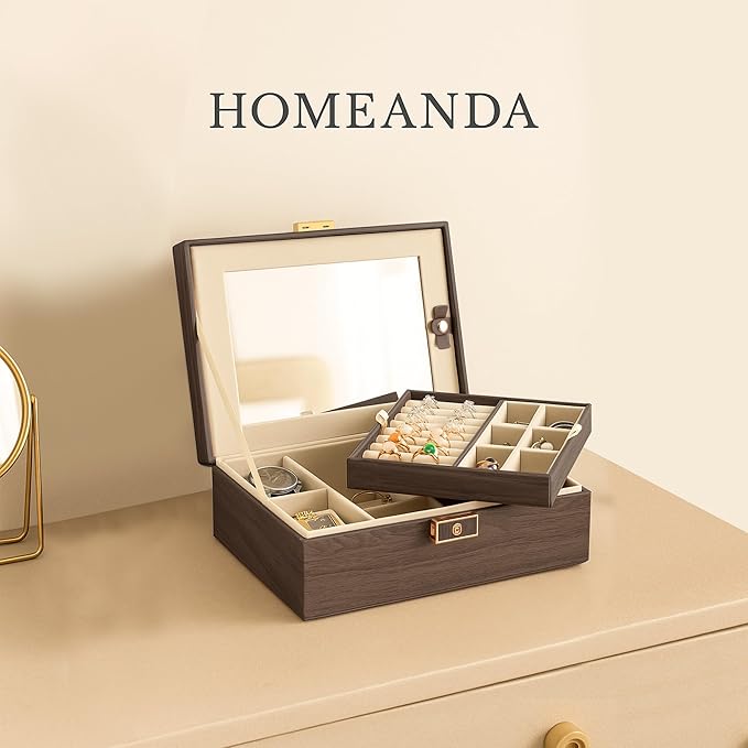 Homeanda Jewelry Box with Mirror Travel Jewelry Organizer 2 Layer Large Jewelry Storage Case Waterproof PU Leather Storage for Women Girls (Dark Brown)