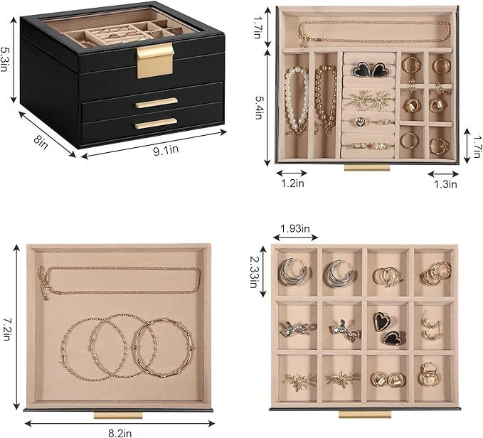 Jewelry Box Organizer for Women,3 Layers Jewelry Storage Display Box with Glass Lid,Gift for Christmas,3 Drawers,Large Capacity for Necklace Earrings Bracelets Rings,Black