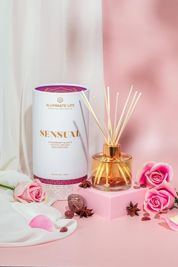 Crystal Infused Reed Diffuser, 4 OZ, Sensual - Strawberry Quartz Crystal Infused - Scents of Star Anise, Rose, Sichuan Pepper & White Musk - Valentine's Day Gift