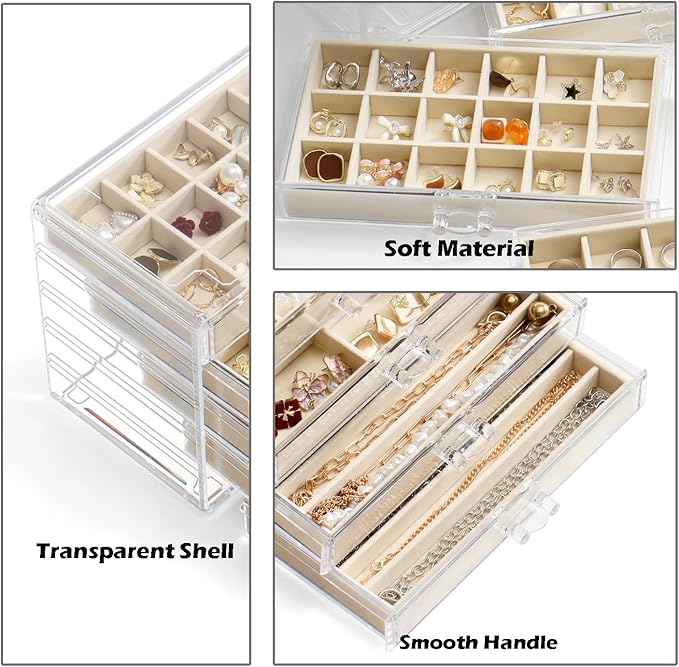 Jewelry Organizer with 5 Drawers Clear Acrylic Earring Display Case Velvet Jewelry Storage Box Display Holder for Earring Ring Bracelet Necklace (Beige, 48 Grids)
