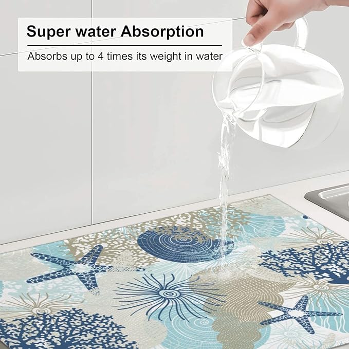 Seashells Starfish Dish Drying Mat for Kitchen Counter Reversible Absorbent Dish Mat Large Drying Kitchen Mat 18X24inch Dish Drying Matt for Kitchen Dish Drying Mat