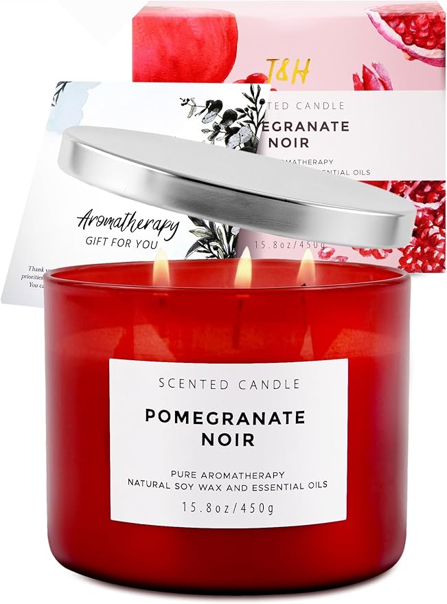 Large 3 Wick Scented Candle 15.8oz | Pomegranate Noir Sweet Fruity Vanilla Candle | Ruby Red Jar Candle | Aromatherapy Stress Relief | Luxury Gift for Women & Men