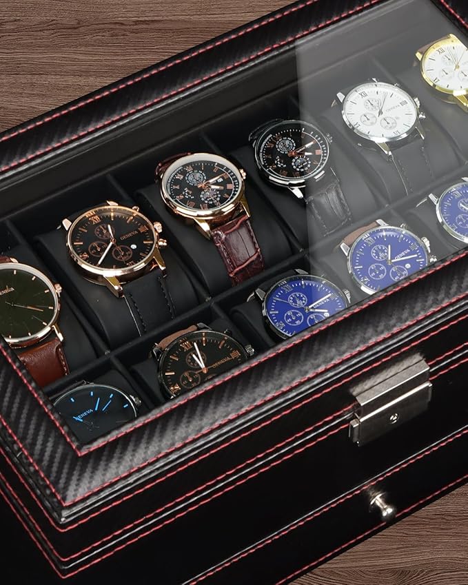 Jenseits 12 Slot Watch Case,2 Layers Watch Box Organizer with Large Glass Lid, Lockable Leather Watch Holder Display Case Storage with Jewelry Organizer Holder Drawer, Ideal Gift for Men Women, Black