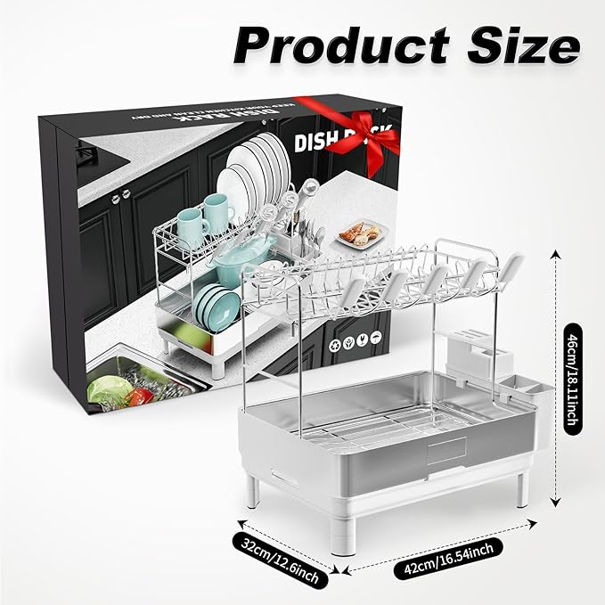 Ewaiira Large Dish Drying Rack, 304 Stainless Steel Dish Racks for Kitchen Counter, Automatic Drainage Spout, Rustproof Kitchen Dish Drainers with Drainboard, Utensil Holder & Glass Holder, White