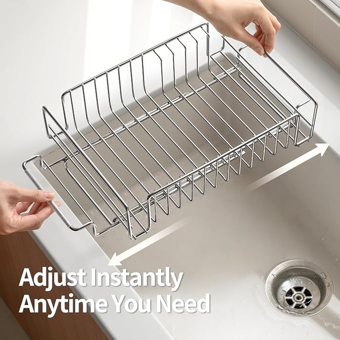 LANZYLO Expandable Stainless Steel Dish Drainers for Kitchen Counter, Dish Dryer Rack for Inside Sink, Over The Sink Dish Racks 1PCS, Silver (Large)