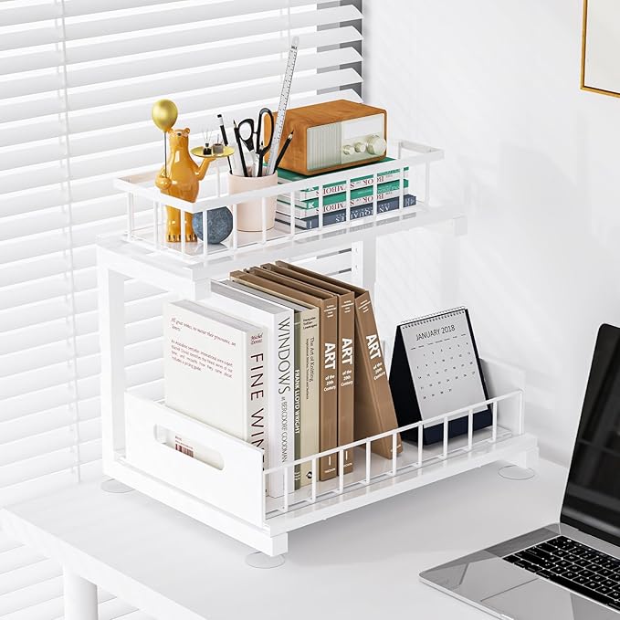 Toyear Under Sink Organizer, Heavy Duty Metal Pull Out Cabinet Organizer Slide Out Sink Shelf Organizer Height Adjustable, Multi-Purpose Storage Shelf for Kitchen Bathroom(White,1Pack)