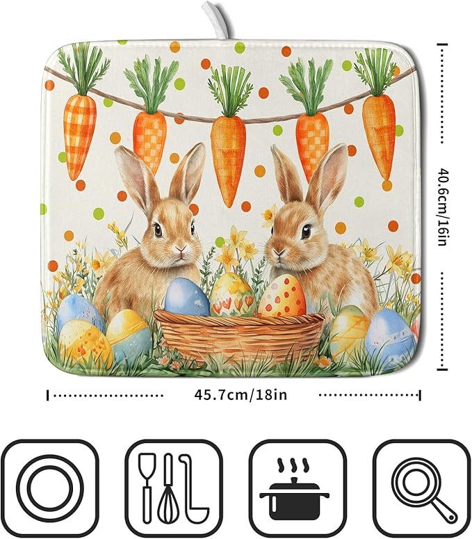 Giwawa Easter Bunny Dish Drying Mat Eggs Carrot Dishes Drainer Pad Absorbent Reversible Dish Rack Mat Protector for Kitchen Countertop 16x18 Inch