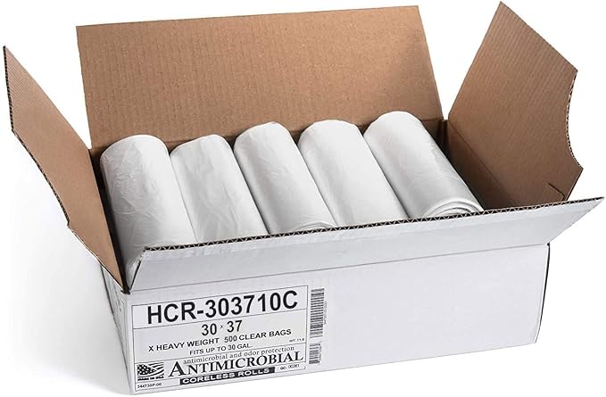 Aluf Plastics High Density Trash Bags, 30 Gallon, 500 Count, 10 Micron (eq), 30" x 37", Clear, for Bathroom, Office, Industrial, Commercial, Janitorial, Municipal, Recycling