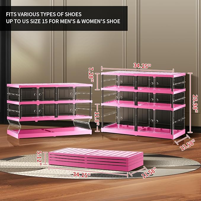 3-Tier Foldable Shoe Rack for Closet Entryway 6-12Pairs, Stackable Clear Shoe Storage Boxes Organizer with Door Plastic Small Shoe Cabinet Bins with Lids Shoes Shelf Easy Assembly（Black-Pink）