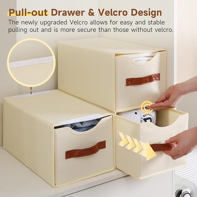 2 Pack Stackable Storage Drawers, Fabric Closet Organizers and Storage with Handles and Clear Window, Pull-Out Clothes Storage Bins with Drawer for Closet, Bedroom, Living Room, Under Bed, Beige