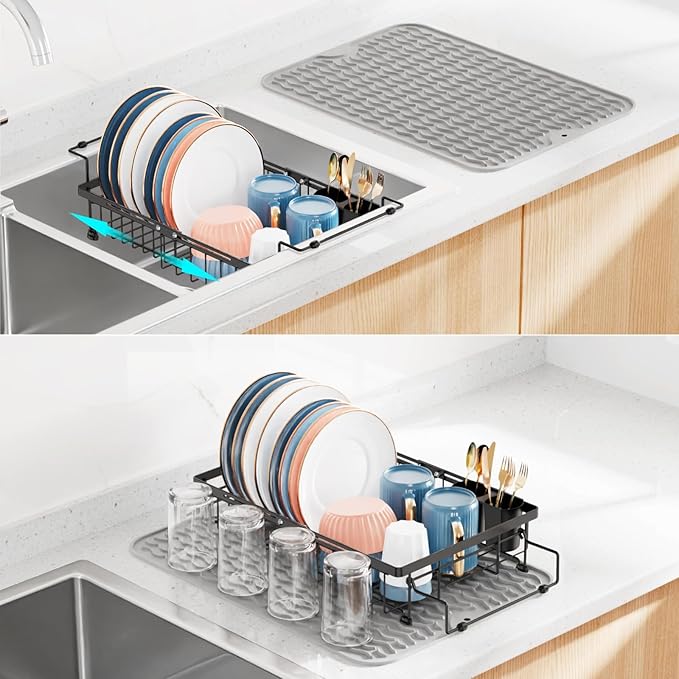 iSPECLE Expandable Dish Drying Rack with Silicone Mat for Sink or On Counter, Rust Resistant Adjustable Dish Drainer with Tightening Knob, Arms with Non Slip Rubber, 12.8" W x 12.4"-17.1" L, Black