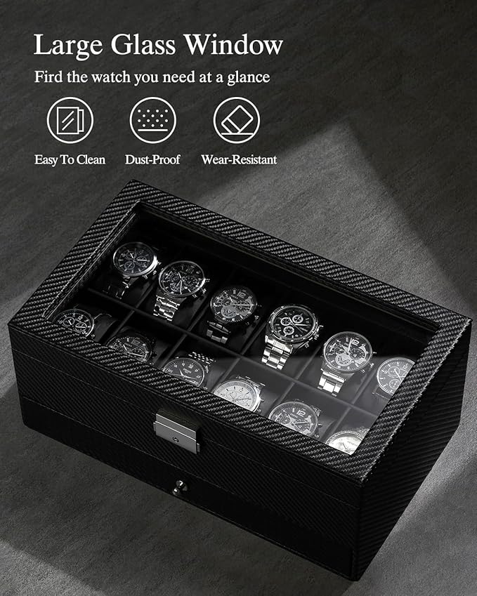 GUKA Watch Box, 12 Slot Watch Case, Watch Cases for men with Real Glass Lid, Synthetic Leather Watch Organizer storage with Jewelry Case, Birthday for Men and Women, Black, GK-012-BKCX