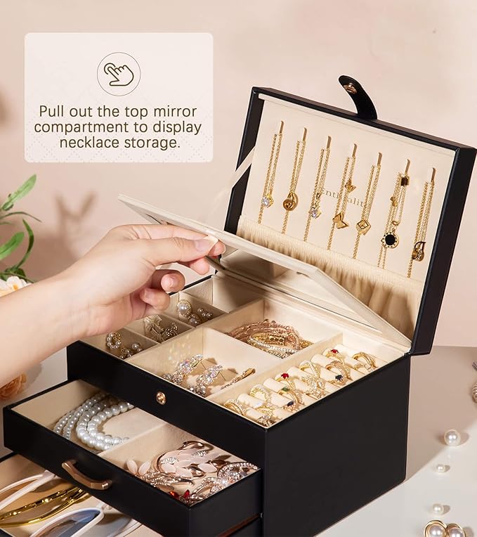 Black Jewelry Box Organizer: Home Decor for Women - 2-Drawer Holder for Valentine’s Day Birthday Gift Black Grey-Blue