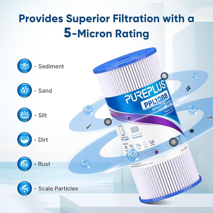 PUREPLUS 5 Micron 10" x 4.5" Whole House Pleated Sediment Filter for Well Water, Replacement Cartridge for GE FXHSC, Culligan R50-BBSA, Pentek R50-BB, DuPont WFHDC3001, W50PEHD, GXWH40L, 2Pack