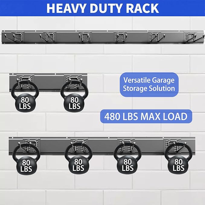CRXCRC Garage Tool Organizer Wall Mount, 48inch Heavy Duty Garden Tool organizer Storage System, Easy Install With 6 Adjustable Straight Hooks, For Garage, Basement, Shed, Workshop(Black)