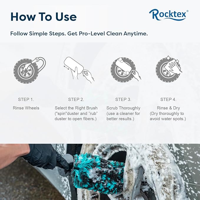 Rocktex Wheel Brush Set – 3 Sizes Multi-Fiber Blend, Non-Scratch Design for Car & Motorcycle Rims, Spokes, Barrels, Brake Dust, Tight Gaps, Eco-Friendly Clean