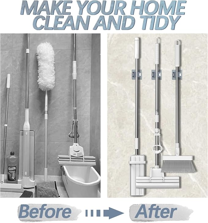 3-H 4-Pack Self Adhesive Broom Holder Wall Mount - Heavy Duty No Drill Broom Organizer for Garage Closet Kitchen, Plastic Storage Rack for Brooms Mops Tools, Peel and Stick Adhesive