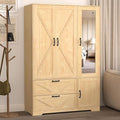 Armoire Wardrobe Closet with Mirror and 2 Drawers, 72''H Bedroom Armoire Wardrobe Cabinet with Hanging Rod and Light,Wooden Bedroom Closet with Adjustable Shelf