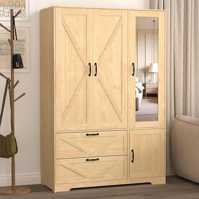 Armoire Wardrobe Closet with Mirror and 2 Drawers, 72''H Bedroom Armoire Wardrobe Cabinet with Hanging Rod and Light,Wooden Bedroom Closet with Adjustable Shelf