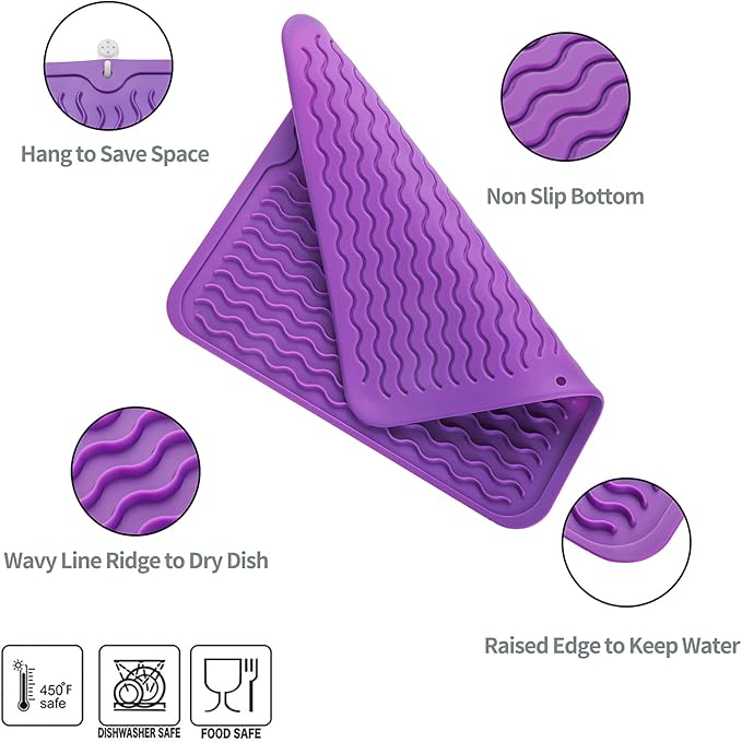 MicoYang Silicone Dish Drying Mat for Multiple Usage,Easy clean,Eco-friendly,Heat-resistant Silicone Mat for Kitchen Counter or Sink,Refrigerator or Drawer liner Purple M 12 inches x 12 inches