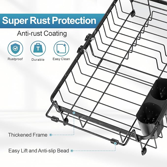 iSPECLE Expandable Dish Drying Rack for Kitchen Sink - Rust Resistant Adjustable Over The Sink Dish Drainer with Tightening Knob, Arms with Non Slip Rubber, 12.8" W x 12.4"-17.1" L, Black