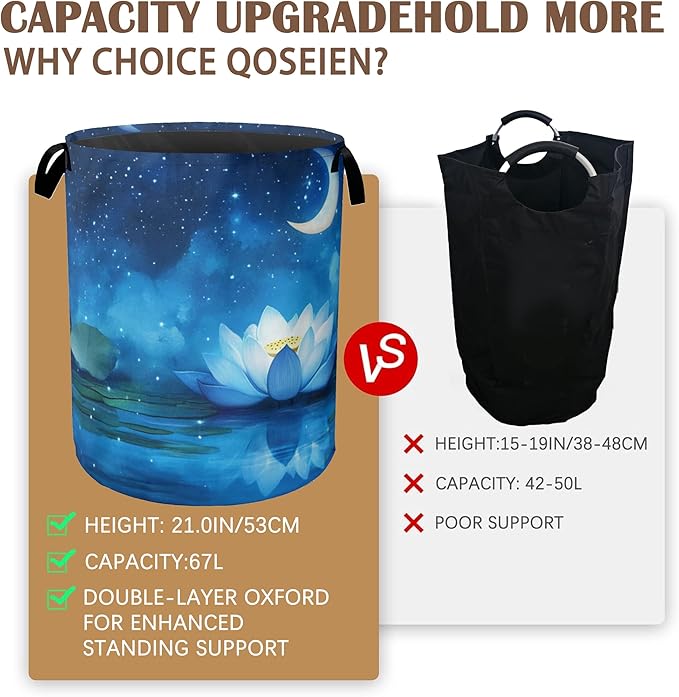Waterlily Moon Laundry Hamper,Collapsible Laundry Baskets,Starry Night Dirty Clothes Baskets with Handles,Oxford Cloth Hamper for Bedroom,Bathroom,College Dorms, 16"x20"
