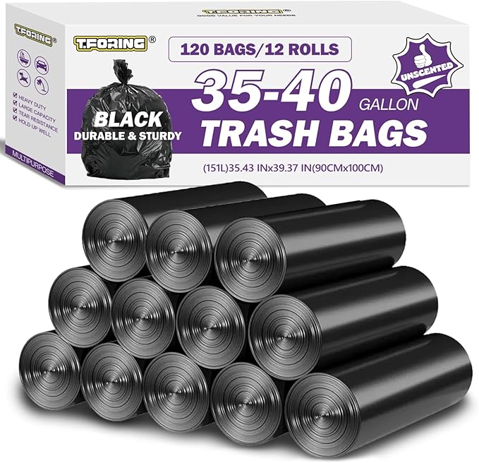 35-40 Gallon Black Trash Bags 120 Count - 35" x 40" Large Garbage Bags, 30+ Gallon Strong Trash Can Liners for Home, Commercial Use,Yard Waste, Bulk