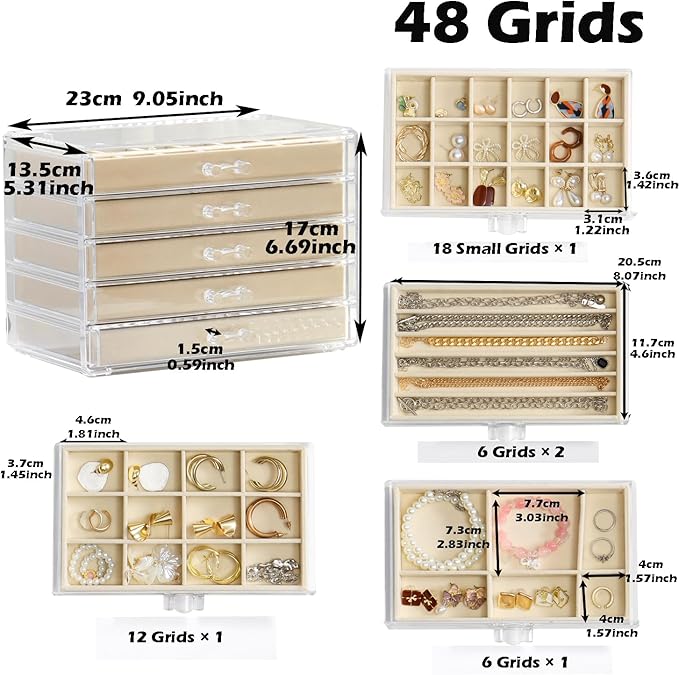 Jewelry Organizer with 5 Drawers Clear Acrylic Earring Display Case Velvet Jewelry Storage Box Display Holder for Earring Ring Bracelet Necklace (Beige, 48 Grids)