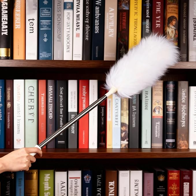 FeelfunFeather Extendable Lambswool Duster 29-110 Inch,Anti-Static Flexible Head, Stainless Steel Pole for Cleaning High Ceiling,Fan,Furniture,Roof Dusting
