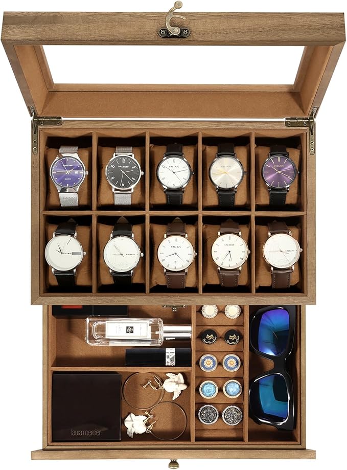 Uten 10-Slot Watch Box, 2-Layers Solid Wood Watch Display Case with Glass Lid, Watch Holder Organizer with Soft Pillow and Velvet Lining, Watch and Jewelry Storage Box, Brown